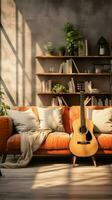 A modern living room, cozy and inviting, featuring a guitar as decor. Vertical Mobile Wallpaper AI Generated photo