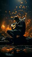 A solitary guitarist strums in moonlight, melodies whispered by his acoustic strings. Vertical Mobile Wallpaper AI Generated photo