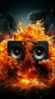 A speaker ignites with fiery energy, unleashing a mesmerizing fireball of sound. Vertical Mobile Wallpaper AI Generated photo