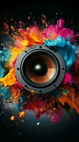 A symphony of colors and sound notes emanates from the music speaker. Vertical Mobile Wallpaper AI Generated photo