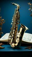 A blue canvas adorned with golden saxophones and a musical notebook. Vertical Mobile Wallpaper AI Generated photo