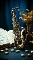 A blue canvas adorned with golden saxophones and a musical notebook. Vertical Mobile Wallpaper AI Generated photo