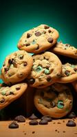 Chocolate chip cookies tumble from a paper box against a turquoise backdrop Vertical Mobile Wallpaper AI Generated photo