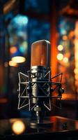 A blurred background enhances the focus on a professional microphone for sound recording. Vertical Mobile Wallpaper AI Generated photo