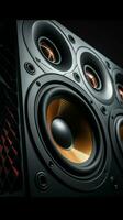 Close up of a multimedia acoustic sound speaker system, amplifying music on black. Vertical Mobile Wallpaper AI Generated photo