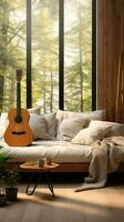 Cozy modernity defines the living room, where a guitar adds character. Vertical Mobile Wallpaper AI Generated photo