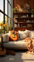 acogedor modernidad define el vivo habitación, dónde un guitarra agrega personaje. vertical móvil fondo de pantalla ai generado foto