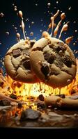 Crumbs and chocolate splashes embellish the ruins of once perfect chocolate chip cookies Vertical Mobile Wallpaper AI Generated photo