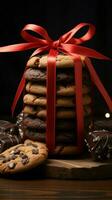 Dark ribbon adorns a front view display of scrumptious, beautifully presented cookies Vertical Mobile Wallpaper AI Generated photo