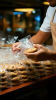 Detail shot Man neatly packaging cookies into a plastic grocery bag Vertical Mobile Wallpaper AI Generated photo