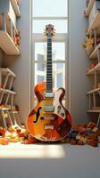 Geometric precision melds with guitar artistry in a 3D rendered architectural rendering. Vertical Mobile Wallpaper AI Generated photo