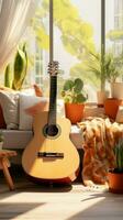 In a modern, cozy living room, a guitar is a stylish centerpiece. Vertical Mobile Wallpaper AI Generated photo