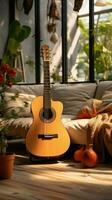 In a modern, cozy living room, a guitar is a stylish centerpiece. Vertical Mobile Wallpaper AI Generated photo