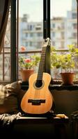 In an urban apartment, a classical guitar adds timeless charm to modernity. Vertical Mobile Wallpaper AI Generated photo