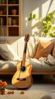 In a modern, cozy living room, a guitar is a stylish centerpiece. Vertical Mobile Wallpaper AI Generated photo