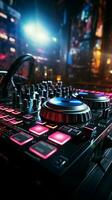 en el discoteca vibrante atmósfera, rosado DJ auriculares acompañar el sonido mezclador. vertical móvil fondo de pantalla ai generado foto