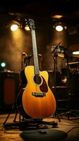 In the recording studio, an acoustic guitar awaits its time to harmonize. Vertical Mobile Wallpaper AI Generated photo