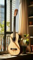 A classical guitar graces a modern city apartment, bridging eras with elegance. Vertical Mobile Wallpaper AI Generated photo