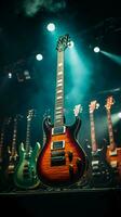 In the stage's electric atmosphere, guitars rest, ready for the pre show spotlight. Vertical Mobile Wallpaper AI Generated photo