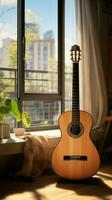 A classical guitar graces a modern city apartment, bridging eras with elegance. Vertical Mobile Wallpaper AI Generated photo