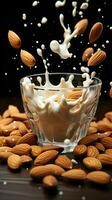 Incredible sights almonds gently descending into a milky cup, natures exquisite masterpiece Vertical Mobile Wallpaper AI Generated photo