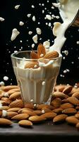 Incredible sights almonds gently descending into a milky cup, natures exquisite masterpiece Vertical Mobile Wallpaper AI Generated photo