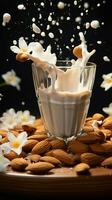 Incredible sights almonds gently descending into a milky cup, natures exquisite masterpiece Vertical Mobile Wallpaper AI Generated photo