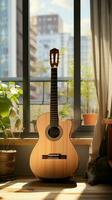 A classical guitar graces a modern city apartment, bridging eras with elegance. Vertical Mobile Wallpaper AI Generated photo