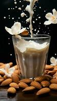 Incredible sights almonds gently descending into a milky cup, natures exquisite masterpiece Vertical Mobile Wallpaper AI Generated photo