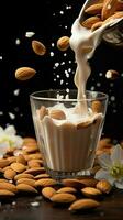 Incredible sights almonds gently descending into a milky cup, natures exquisite masterpiece Vertical Mobile Wallpaper AI Generated photo