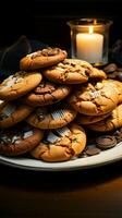 indulgencia en un plato un formación de chocolate galletas Listo para saboreando vertical móvil fondo de pantalla ai generado foto