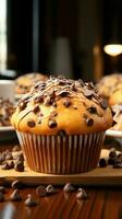 Irresistible chocolate chip muffin a sweet and comforting bakery delight Vertical Mobile Wallpaper AI Generated photo