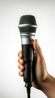 Isolated on white, a hand confidently holds a wireless microphone. Vertical Mobile Wallpaper AI Generated photo