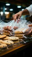 mans cerca arriba acción asegurando galletas dentro un el plastico bolso durante tienda de comestibles compras vertical móvil fondo de pantalla ai generado foto