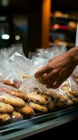Mans close up action securing cookies inside a plastic bag during grocery shopping Vertical Mobile Wallpaper AI Generated photo