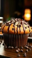 Mouthwatering chocolate chip muffin, a delectable treat for your taste buds Vertical Mobile Wallpaper AI Generated photo