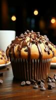 Mouthwatering chocolate chip muffin, a delectable treat for your taste buds Vertical Mobile Wallpaper AI Generated photo