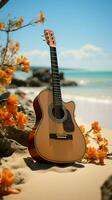 Music meets nature as an acoustic guitar harmonizes with the tranquil sand. Vertical Mobile Wallpaper AI Generated photo