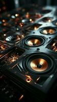 Musical magic unfolds in a close up of a multimedia acoustic sound system. Vertical Mobile Wallpaper AI Generated photo