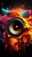 Musical vibrancy Sound notes and vibrant hues envelop the music speaker. Vertical Mobile Wallpaper AI Generated photo