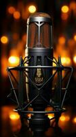 A closeup view reveals the microphone's intricate design, poised for sound. Vertical Mobile Wallpaper AI Generated photo