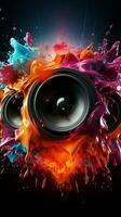 Musical vibrancy Sound notes and vibrant hues envelop the music speaker. Vertical Mobile Wallpaper AI Generated photo