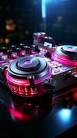 Club nocturno vibraciones ven viva con rosado DJ auriculares, tocadiscos, y sonido mezclador. vertical móvil fondo de pantalla ai generado foto