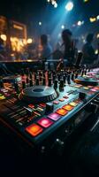 Nightclub vibes DJ mixer table electrifies the background with pulsating beats. Vertical Mobile Wallpaper AI Generated photo