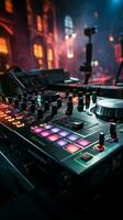 Nightclub vibes DJ mixer table electrifies the background with pulsating beats. Vertical Mobile Wallpaper AI Generated photo