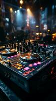 Nightclub vibes DJ mixer table electrifies the background with pulsating beats. Vertical Mobile Wallpaper AI Generated photo