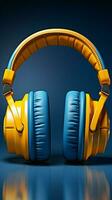 On a blue canvas, yellow headphones command attention in their splendid isolation. Vertical Mobile Wallpaper AI Generated photo