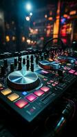 Nightclub vibes DJ mixer table electrifies the background with pulsating beats. Vertical Mobile Wallpaper AI Generated photo