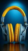 On a blue canvas, yellow headphones command attention in their splendid isolation. Vertical Mobile Wallpaper AI Generated photo