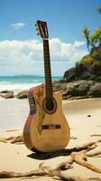 On the sandy shores, an upright acoustic guitar awaits a beachside performance. Vertical Mobile Wallpaper AI Generated photo